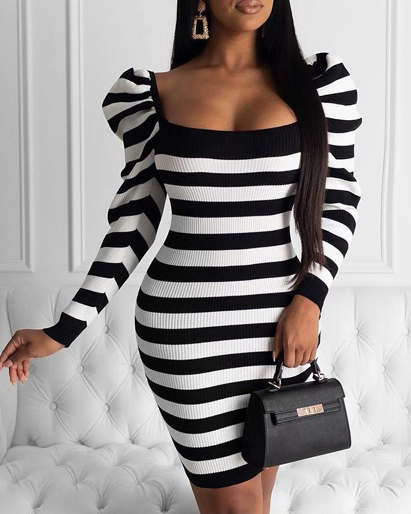 

Colorblock Stripe Puffed Sleeve Dress, Black