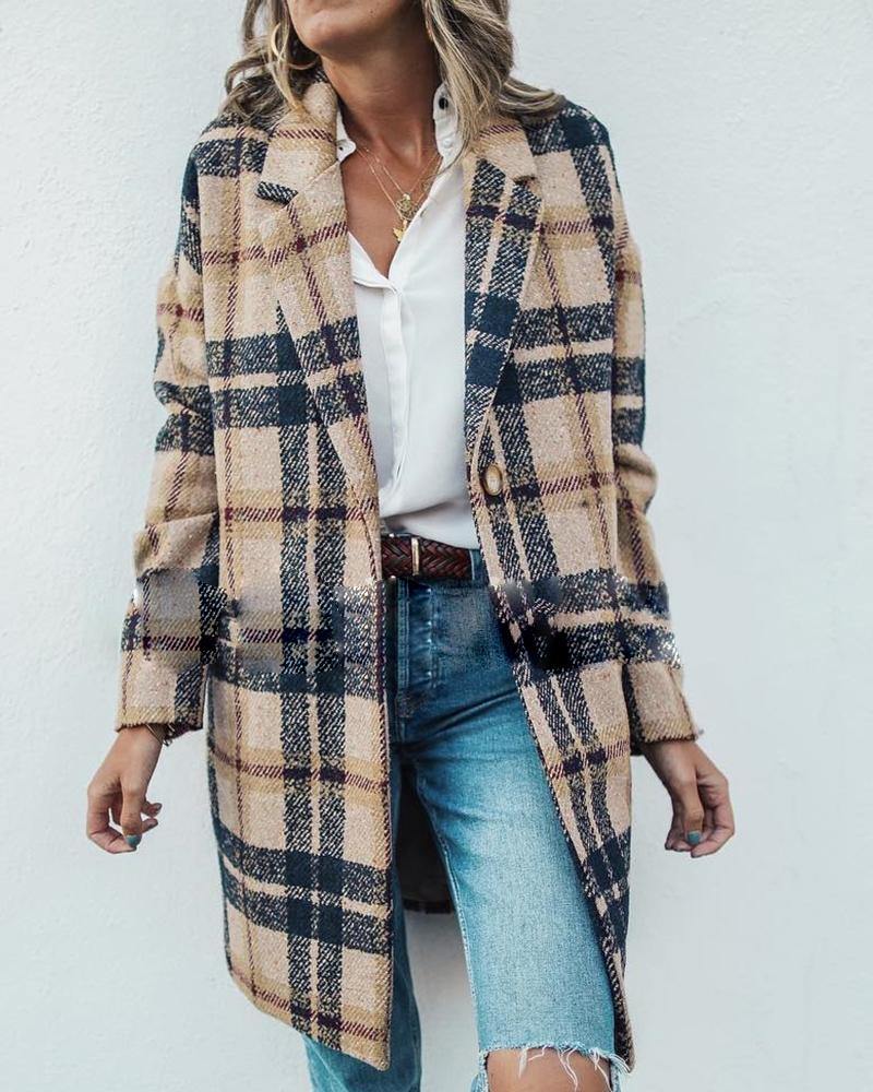 

Buttoned Pocket Design Checked Shacket, Apricot