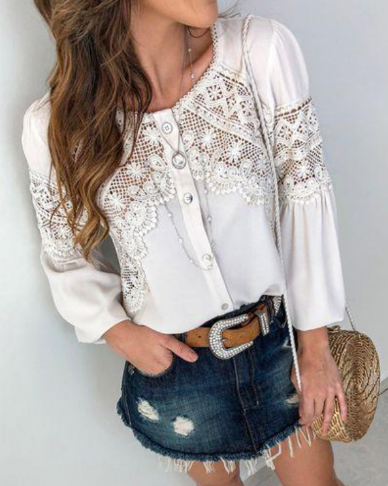 

Lace Stitching Bishop Sleeve Blouse, White