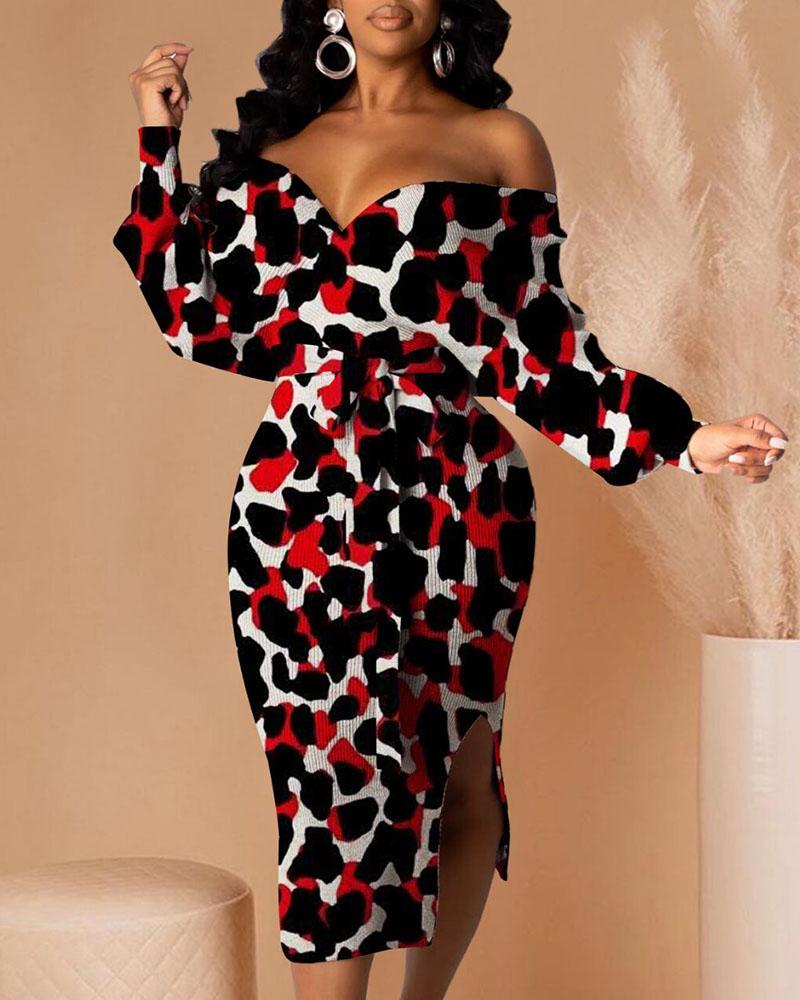

Ribbed Off Shoulder Leopard Print Slit Dress, Black