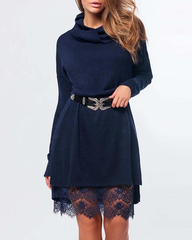 

Mock Neck Long Sleeve Eyelash Lace Insert Dress, Purplish blue