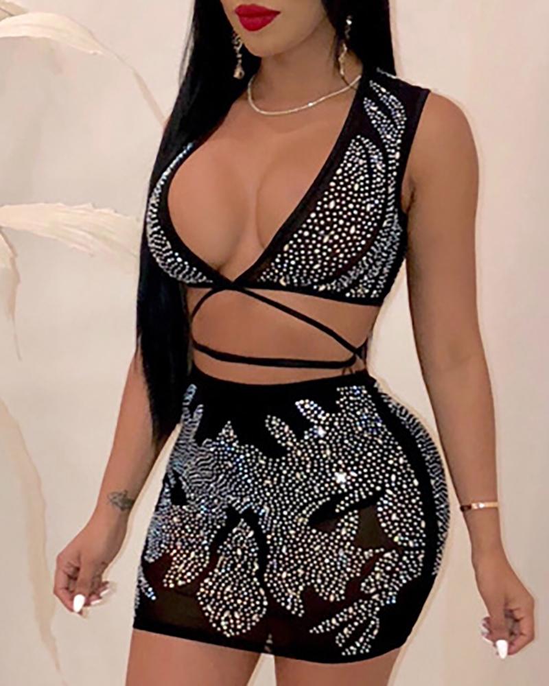 

Deep V-neck Hot drilling Top & Skirt Set, Black