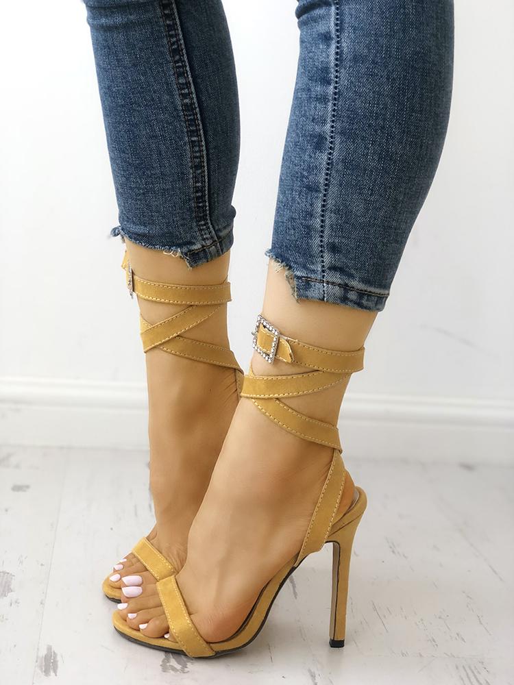 

Buckle Design Crisscross Open Toe Heel Sandals, Yellow