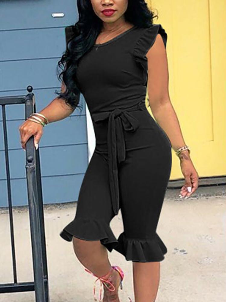 

Solid Ruffles Detail Slinky Jumpsuit, Black