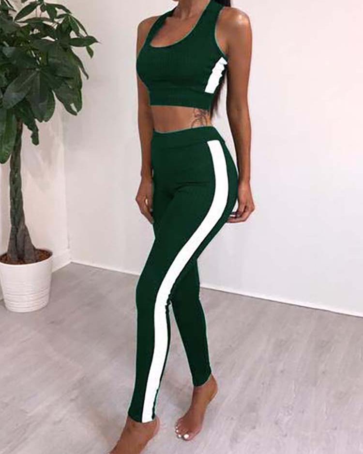 

Side Stripes Cropped Long Pants Pantsuit, Green