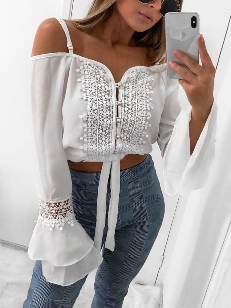 

Crochet Lace Cold Shoulder Flared Sleeve Top, White
