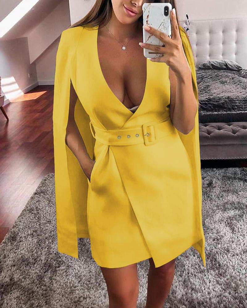 

Solid Poncho Design Belted Dress, Yellow