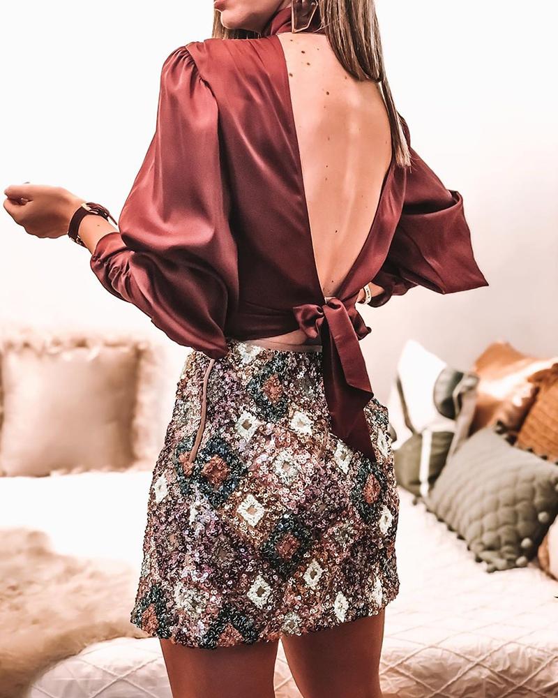 

High Neck Backless Satin Blouse, Wine red
