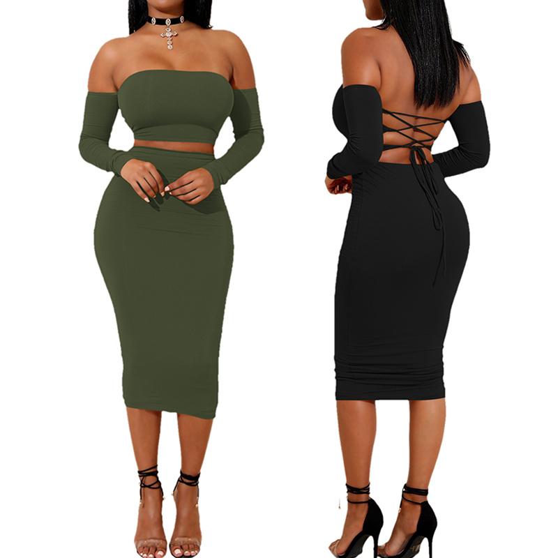 

Sexy Off Shoulder Lace-up Back Cropped Skirt Set, Wine red
