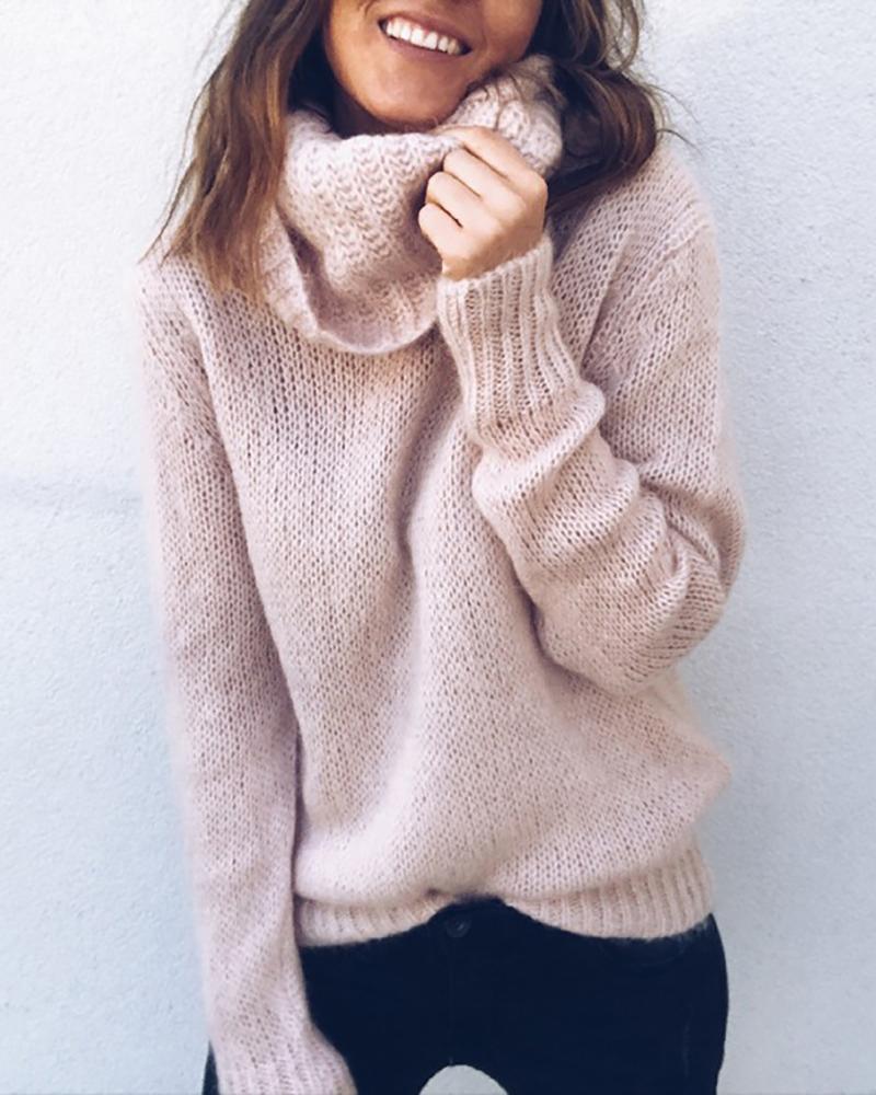 

Plain Long Sleeve Casual Knit Sweater, Pink