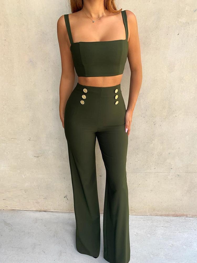 

Thin Strap Crop Top & Buttoned Pants Set