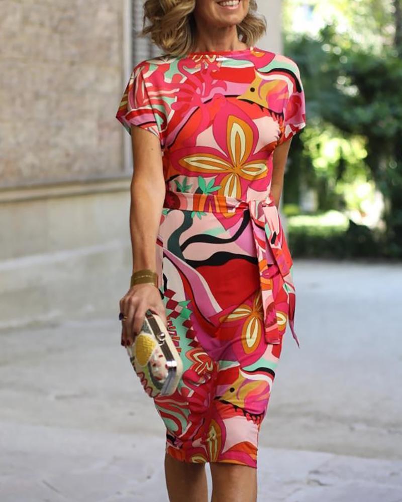 

Short Sleeve Colorful Print Bodycon Dress, Multicolor