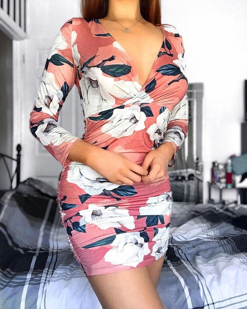 

Floral Print Long Sleeve Ruched Bodycon Dress, Pink