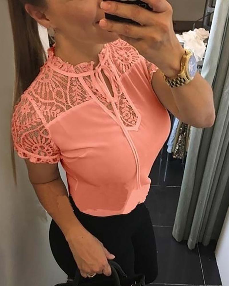 

Short Sleeve Lace Insert Casual Blouse, Pink