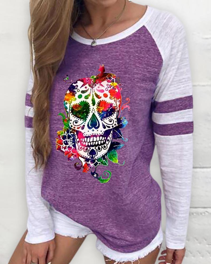 

Long Sleeve Casual Skull Print Sweatshirt, Purple