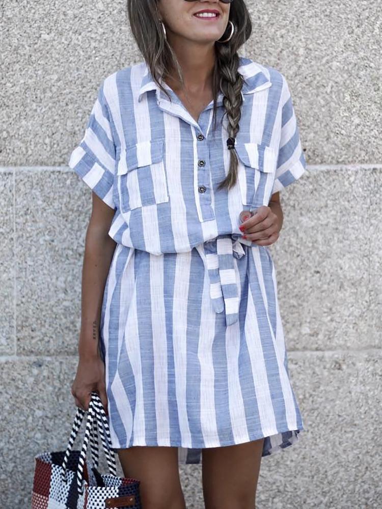 

Vertical Stripe Buttoned Belted Shirt Dress