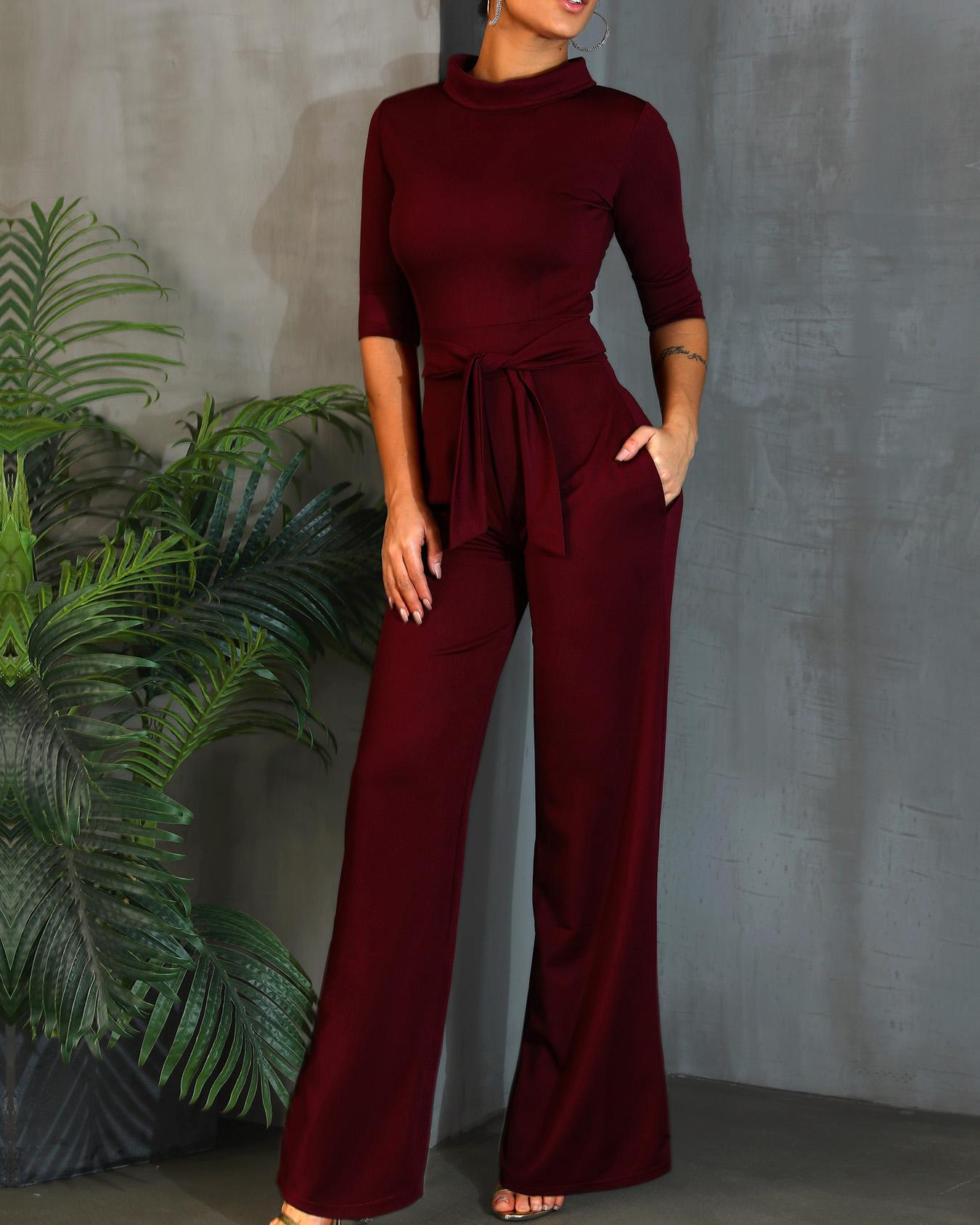 

Solid Self Belted Wide Leg Jumpsuits, Wine red