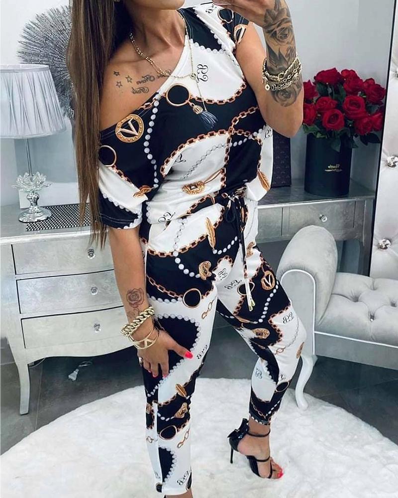 

Chain Print Short Sleeve Top & Pants Set, White