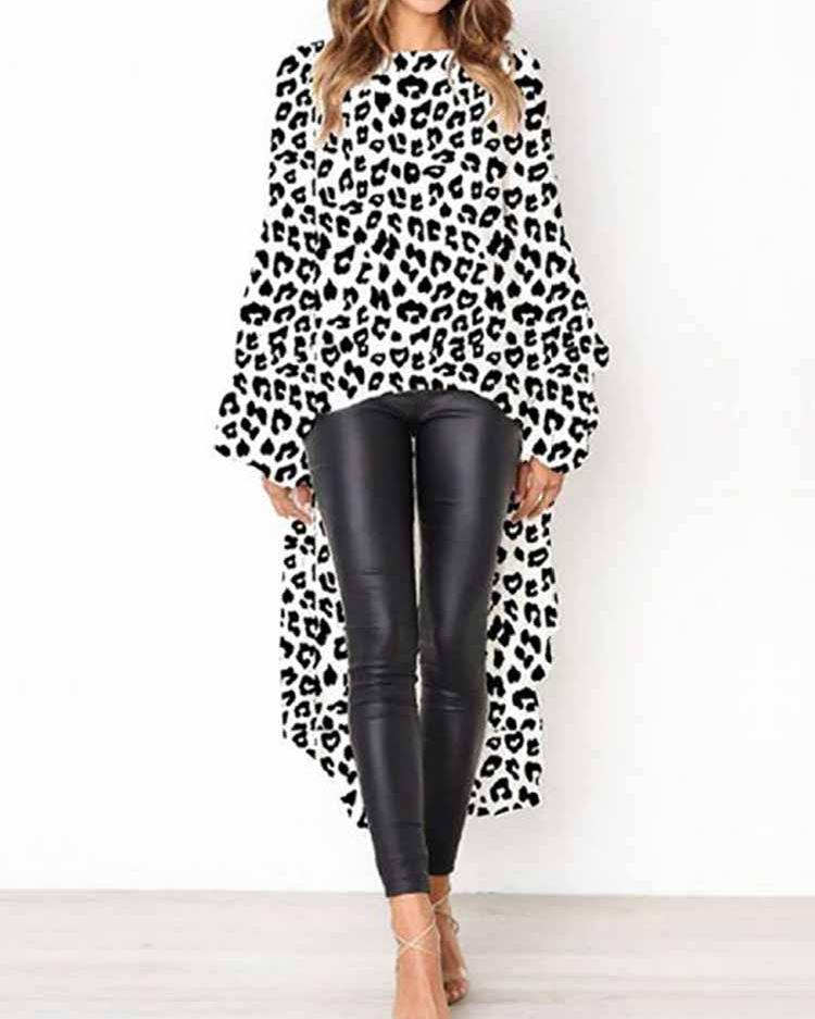 

Leopard Print Lantern Sleeve Dip Hem Blouse, White