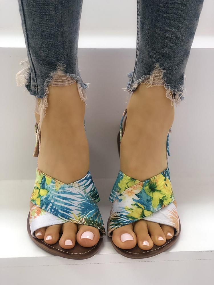 

Tropical Print Crisscross Peep Toe Flat Sandals, Blue