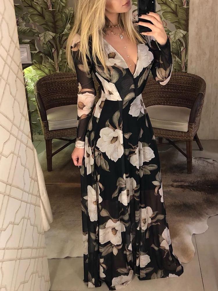 

Floral Print V Neck Long Sleeve Maxi Dress, Black