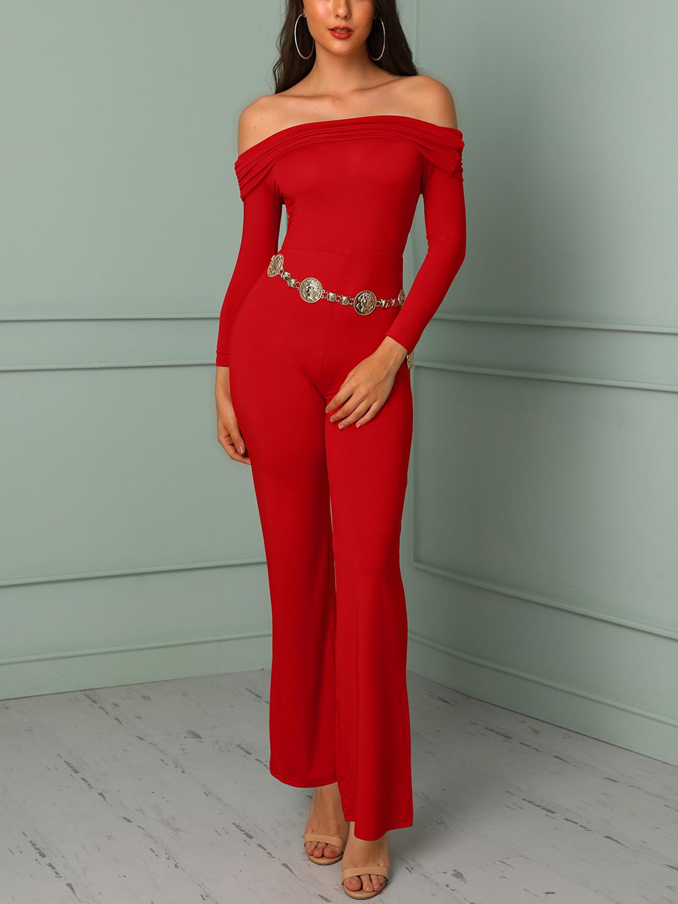 

Fold Over Off Shoulder Long Sleeve Jumpsuits, Red
