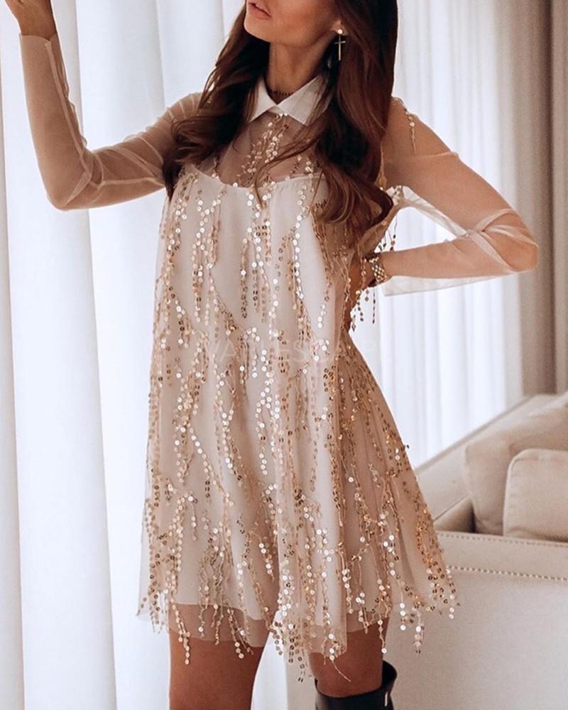 

Sheer Mesh Peter Pan Collar Sequins Dress, Nude