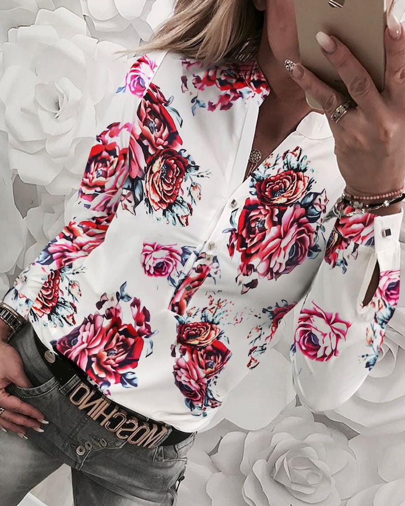 

Floral Print Long Sleeve Casual Blouse, Yellow&white