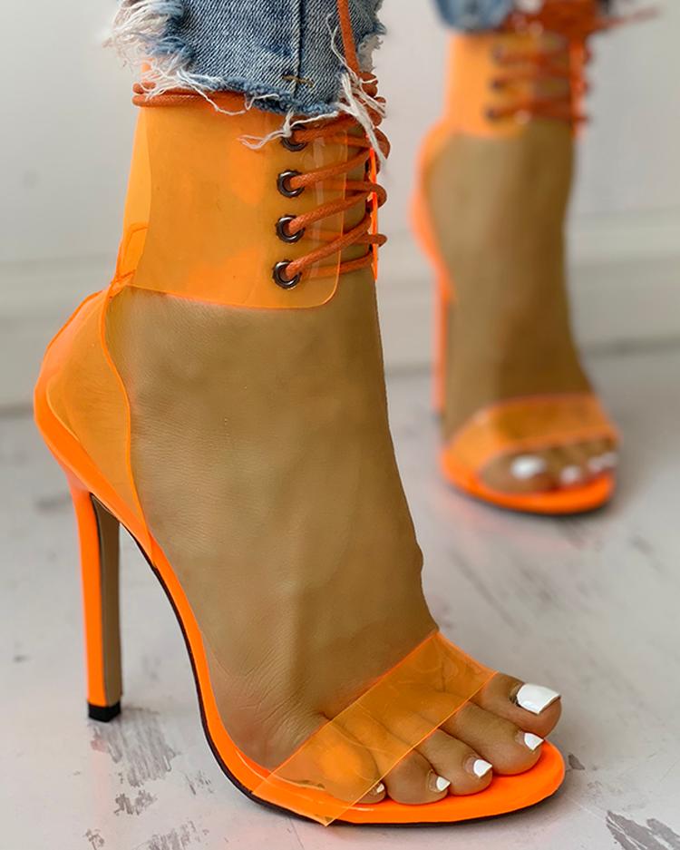 

Transparent Lace-Up Single Strap Heeled Sandals, Orange