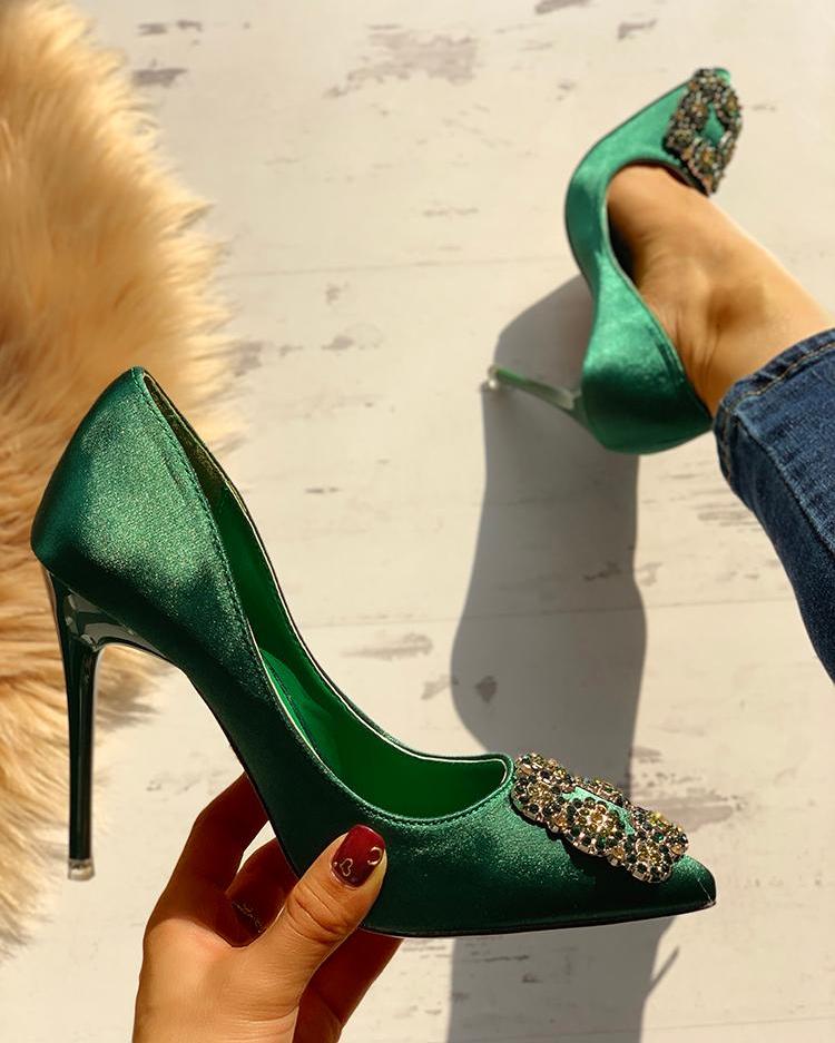 

Rhinestone Embellished Satin Thin Heels, Green