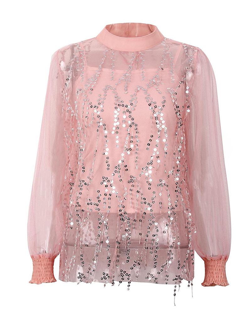 

Mock Neck Mesh Insert Top With Sequin Tassels, Pink