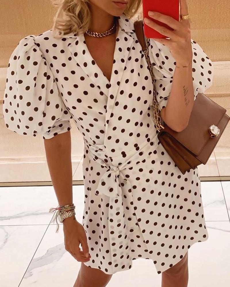 

Puff Sleeve Dot Print Tied Waist Dress