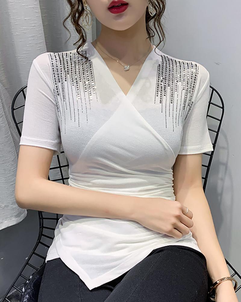 

V-neck Studded Short Sleeve Blouse, White