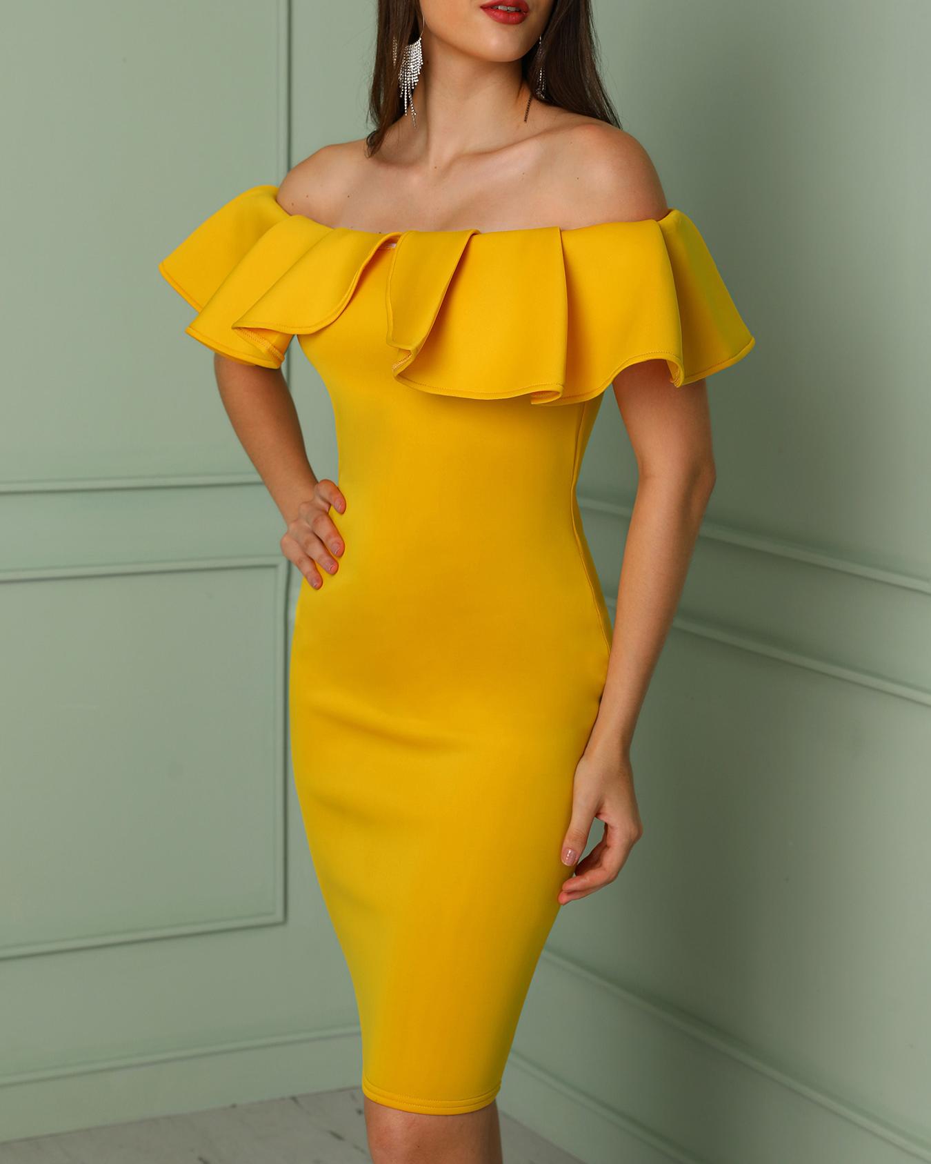 

Ruffles Design Off Shoulder Bodycon Dress, Yellow