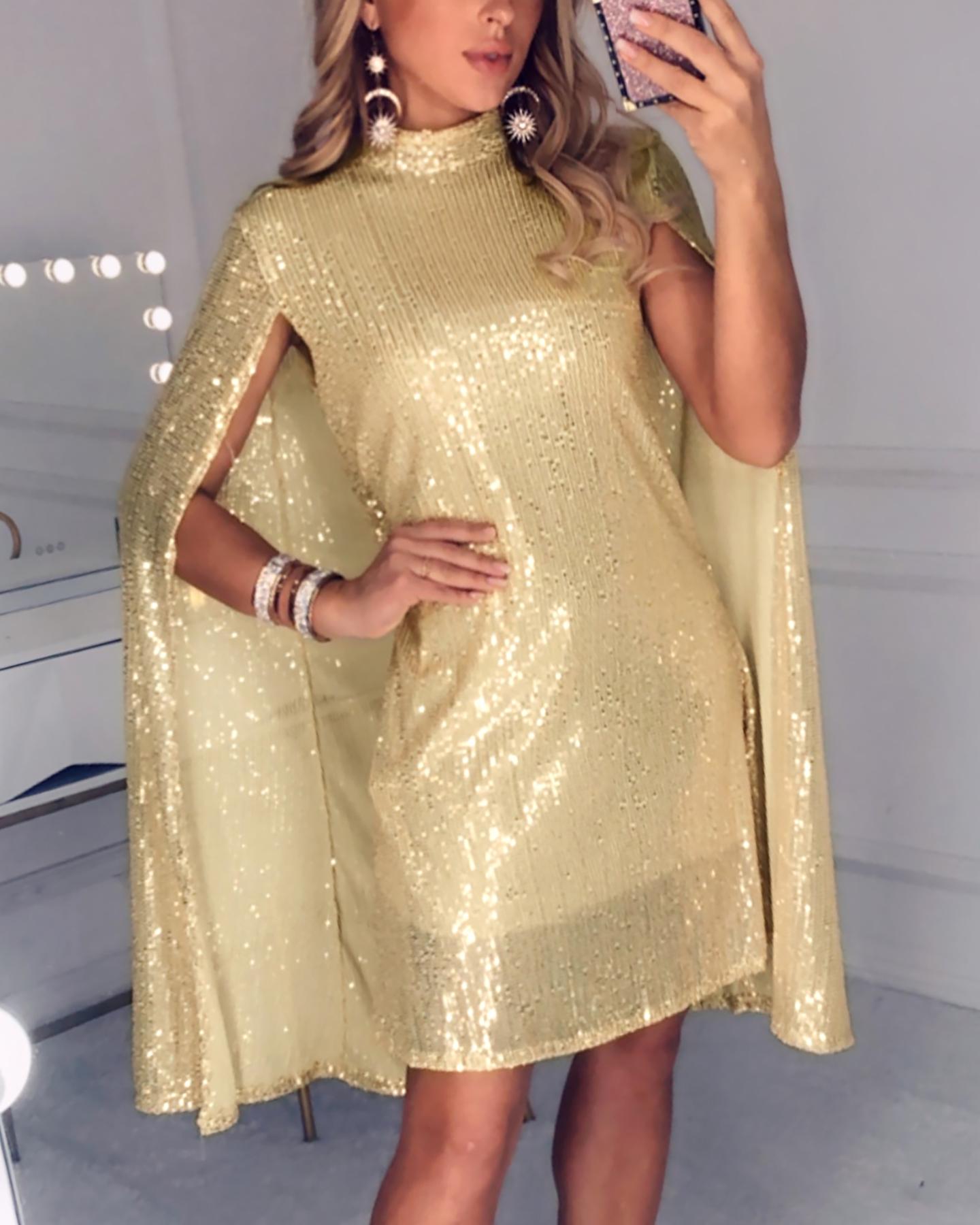 

Glitter Mock Neck Cape Design Sequins Dress, Champagne