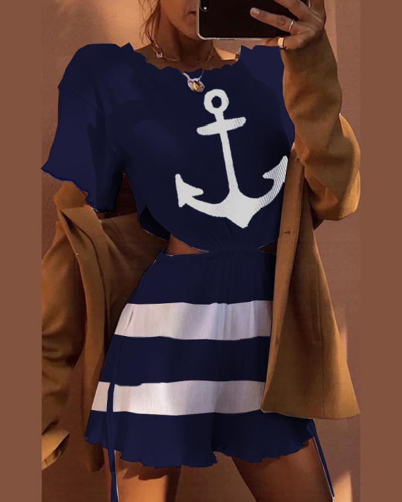

Anchor Print Shot Sleeve Romper, Blue