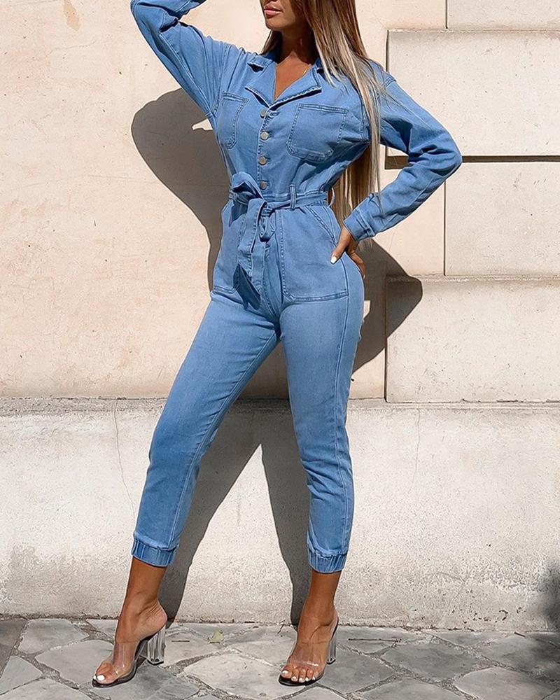 

Button Design Denim Casual Jumpsuit, Blue