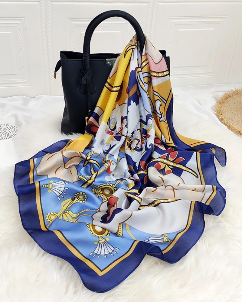 

Graphic Print Square Silk Scarf, Blue