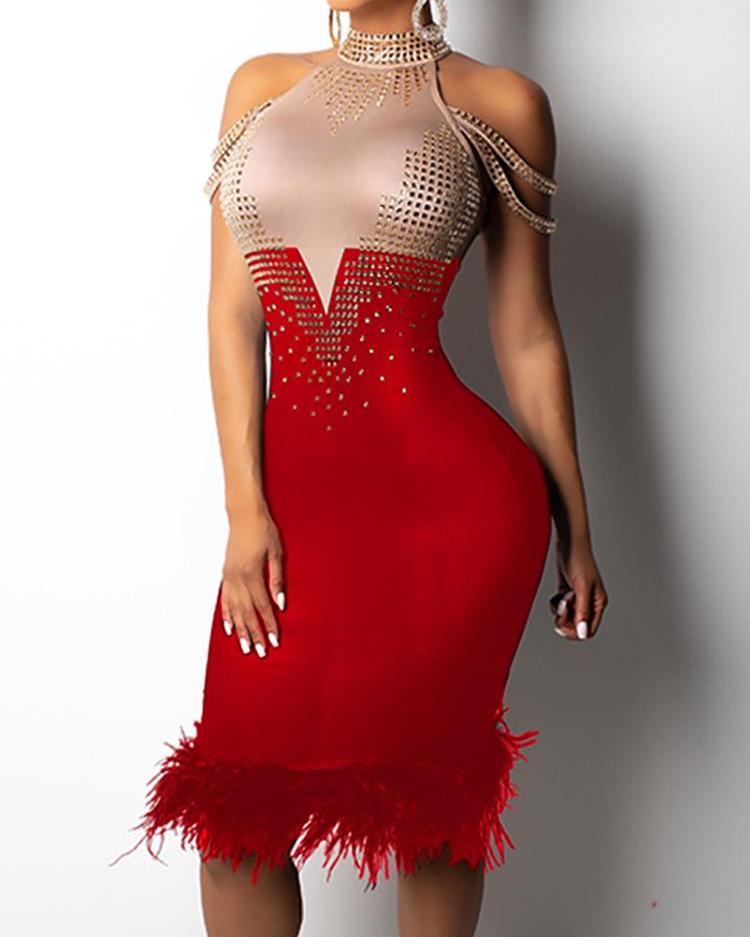 

Hot Drilling Fluffy Embellished Party Dress, Red