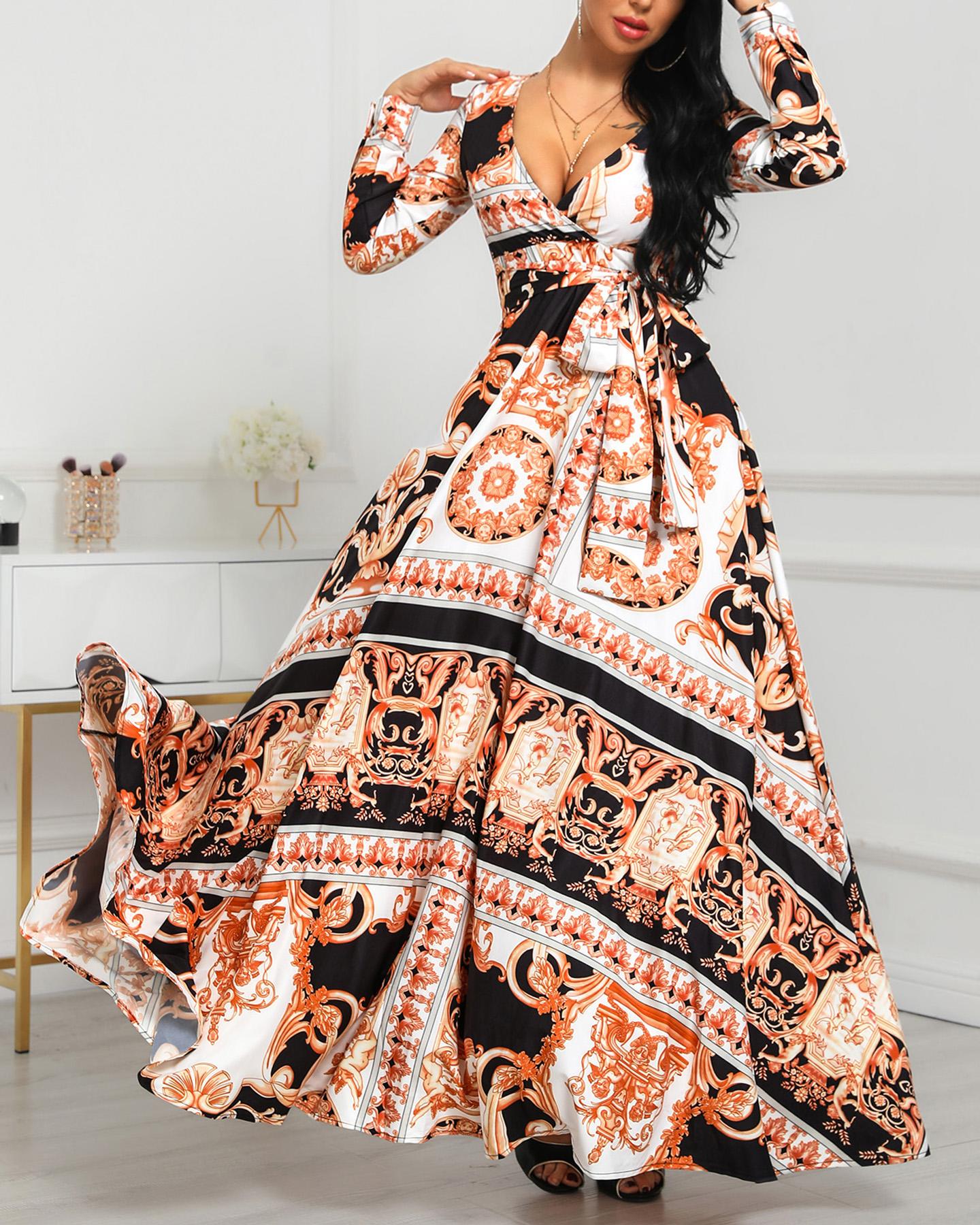 

Long Sleeve Plunge Vintage Print Maxi Dress, Multicolor