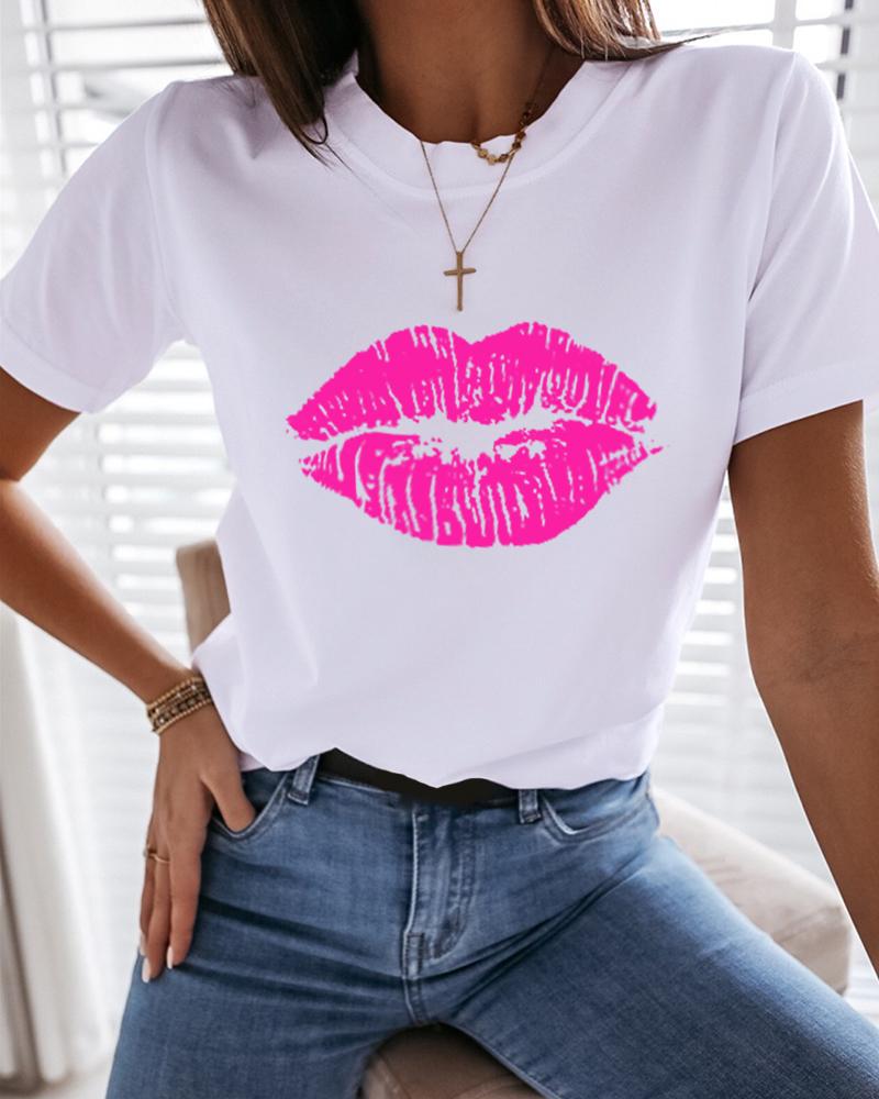 

Lip Print Short Sleeve Casual T-shirt, White