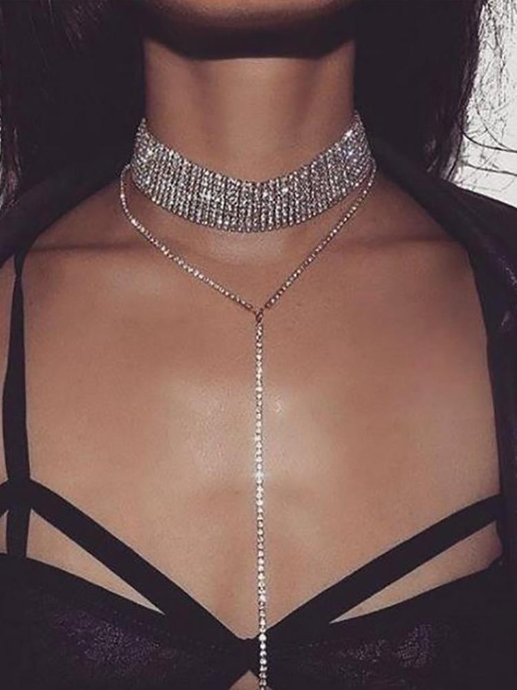 

Vintage Women Studded Choker Sparkly Necklace, Gold