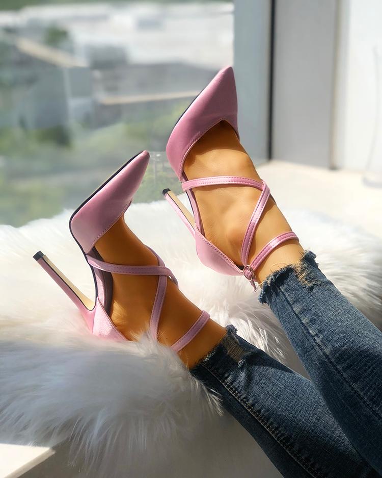 

Solid Strappy Buckle Pointed Toe Heels, Pink