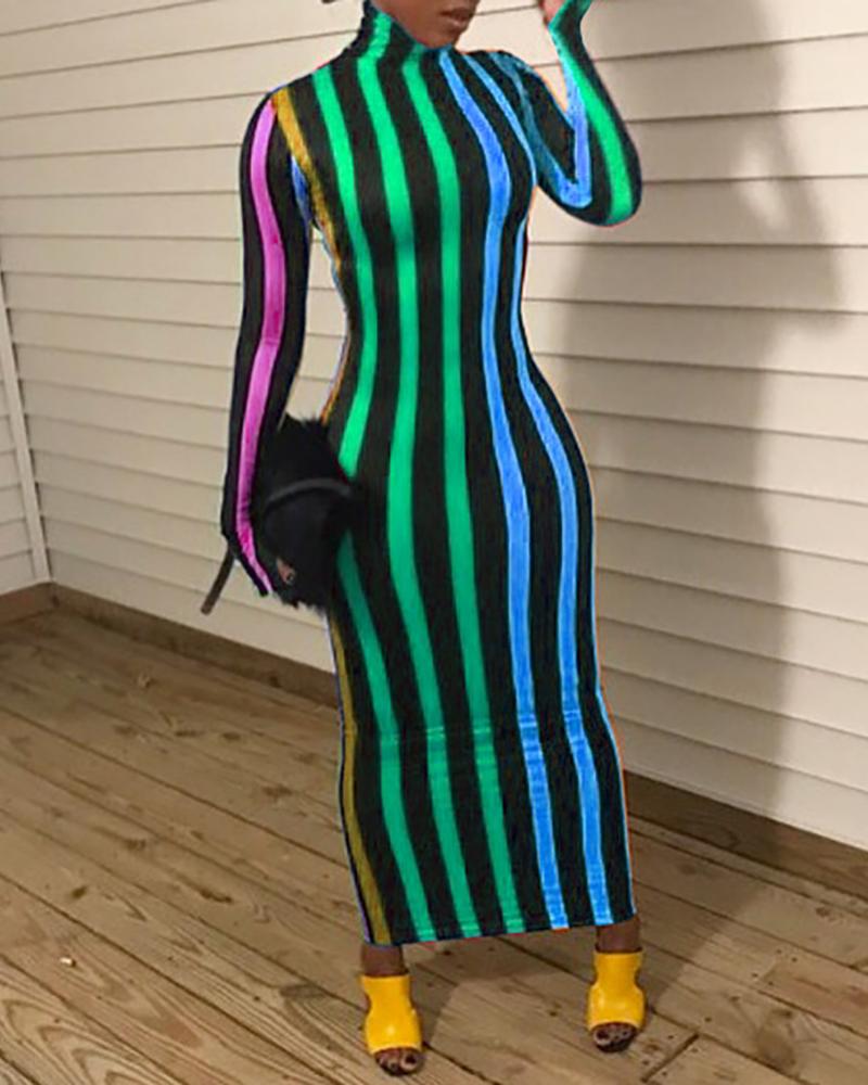 

Vertical Striped High Neck Dress, Green