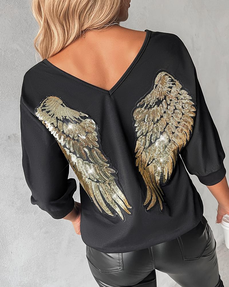 

Wings Pattern Sequins Long Sleeve Casual Sweatshirt, Black