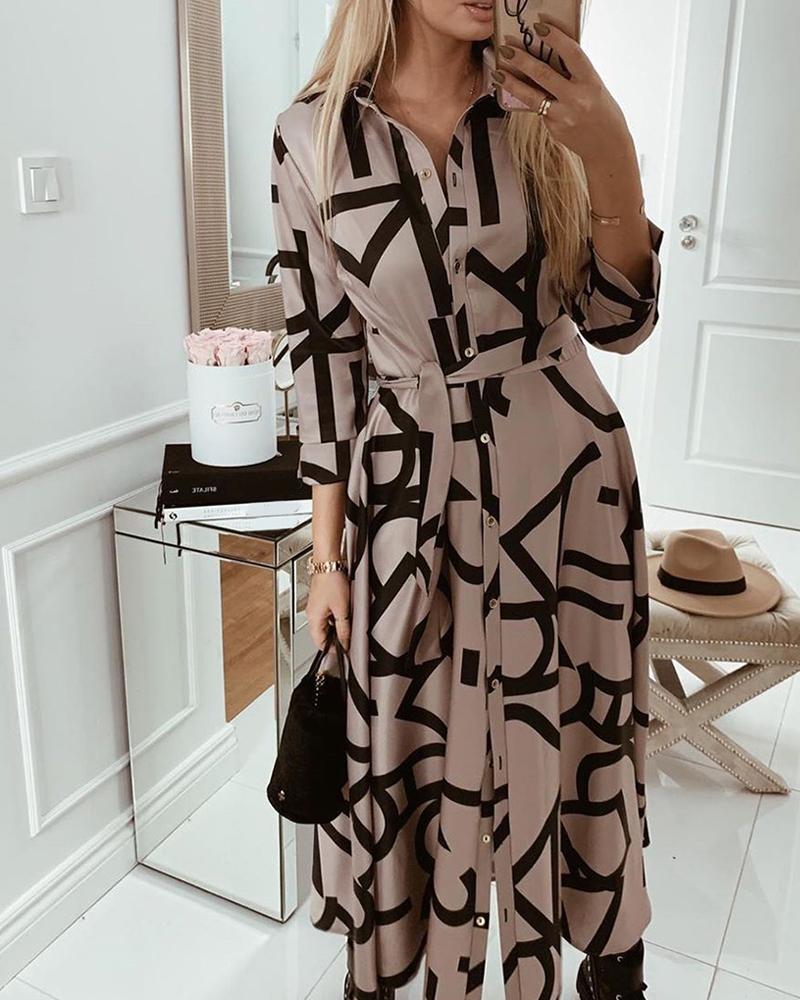 

Letter Print Button Shirt Dress, Khaki