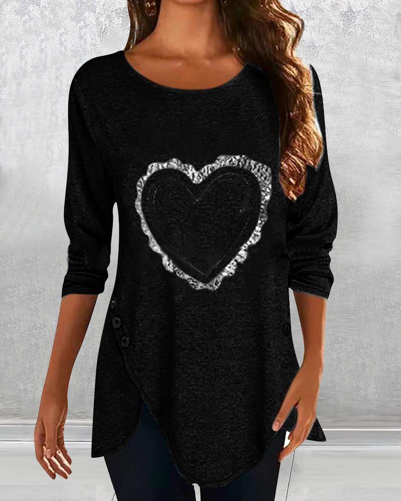 

Heart Print Long Sleeve Blouse, Black