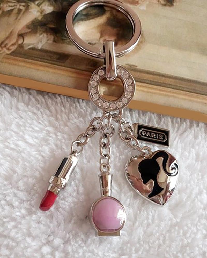 

Studded Decor Lipstick Charm Keychain, Silver