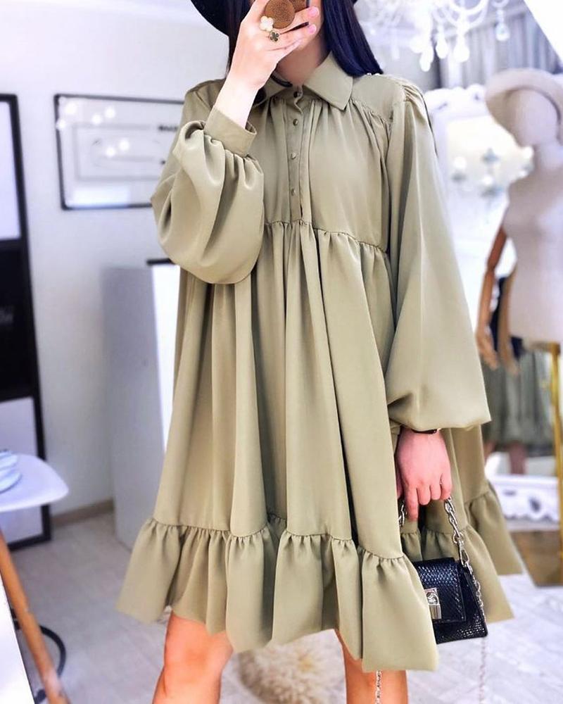 

Lantern Sleeve Button Ruched Ruffle Trim Casual Dress, Green