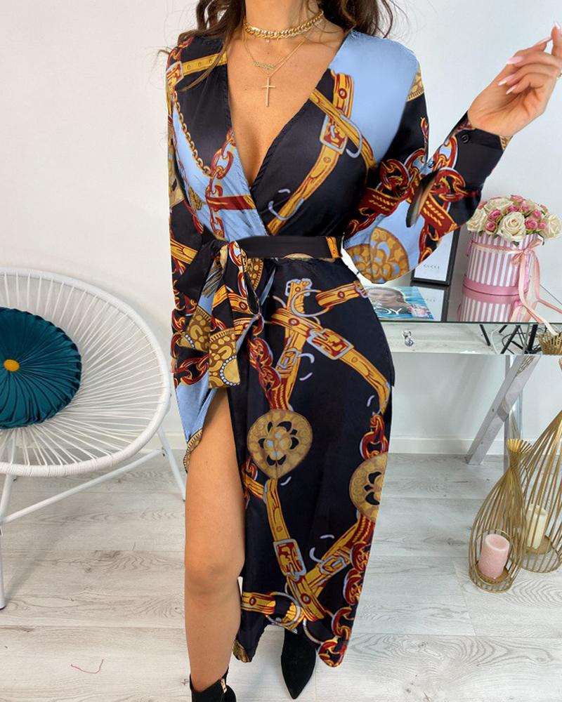 

Scarf Print V-neck Long Sleeve Slit Dress, Blue